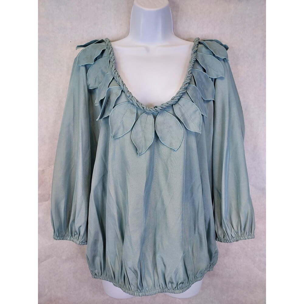 Roni Leaf Ruffle Blouse Women's L Crushed Satin 3/4 Puff Sleeves Blue Fairycore